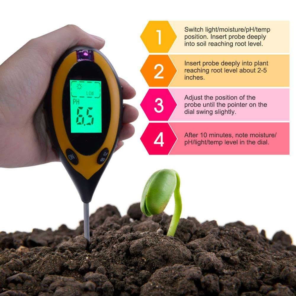 Safebros Soil Meter, pH Meter, 4-in-1 Digital Plant Soil Moisture Meter with pH Temperature/Humidity/Light for Gardening, Lawn, Agriculture, Outdoor Indoor Plants