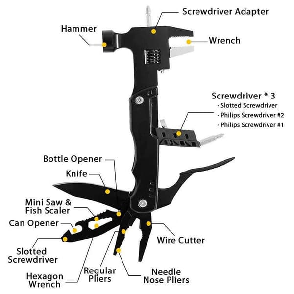 Safebros MUPL-136 Multifunction Pliers Hammer 13 in 1 Foldable Multi-Tool Knife Outdoor Emergency Portable Multipurpose Tool Openers