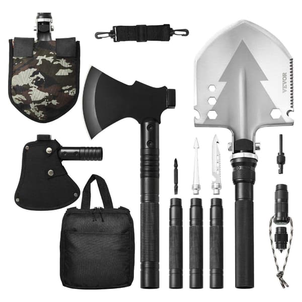 Safebros 16-in-1 Stainless Steel Folding Shovel and Axe Combo Survival Tactical Multifunctional Camping Hatchet with Tool Bag