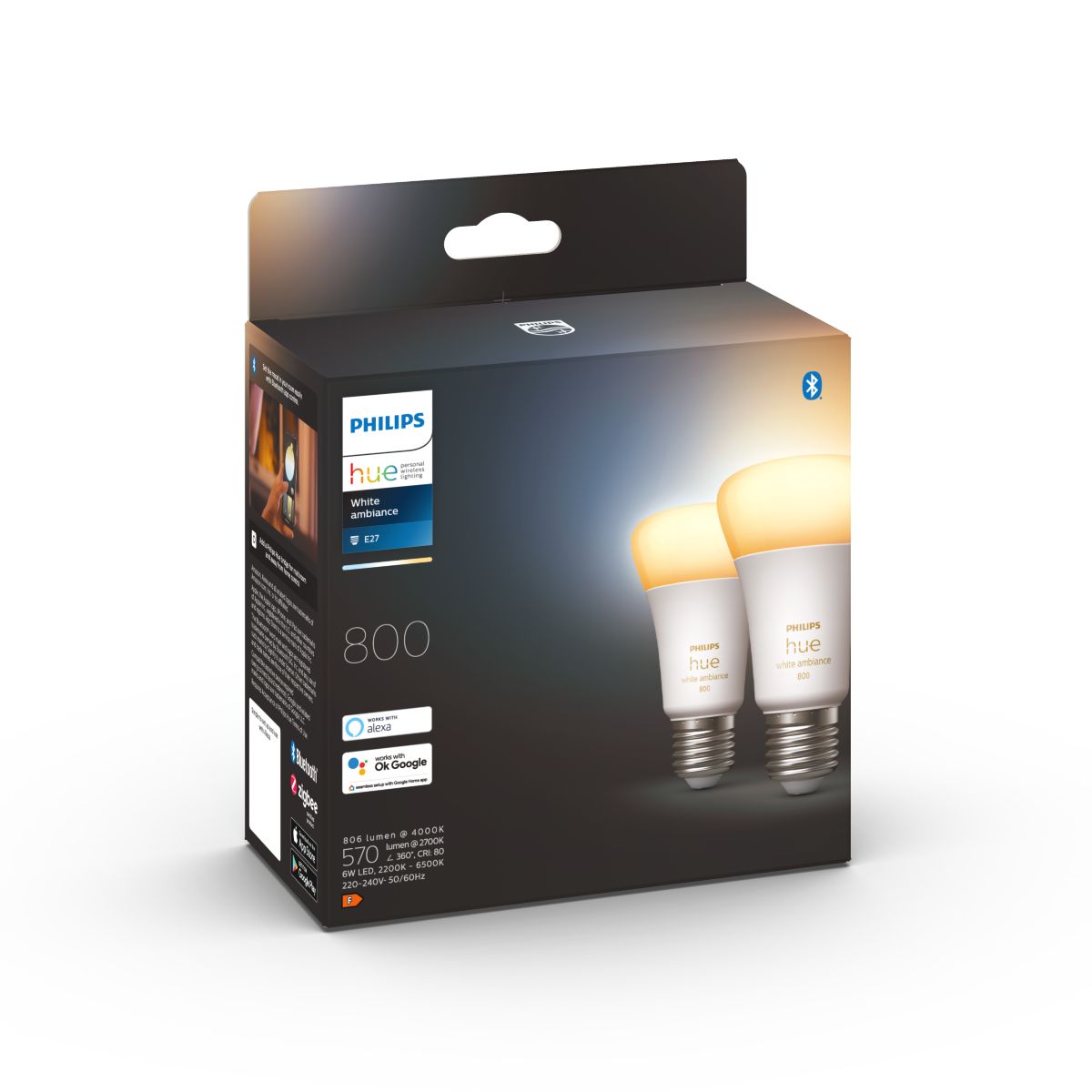 Philips Hue White Ambiance E27|A60 Smart Bulb, Lumens, Bluetooth & Zigbee Compatible (Hue Hub Optional), Works with Alexa & Google Assistant