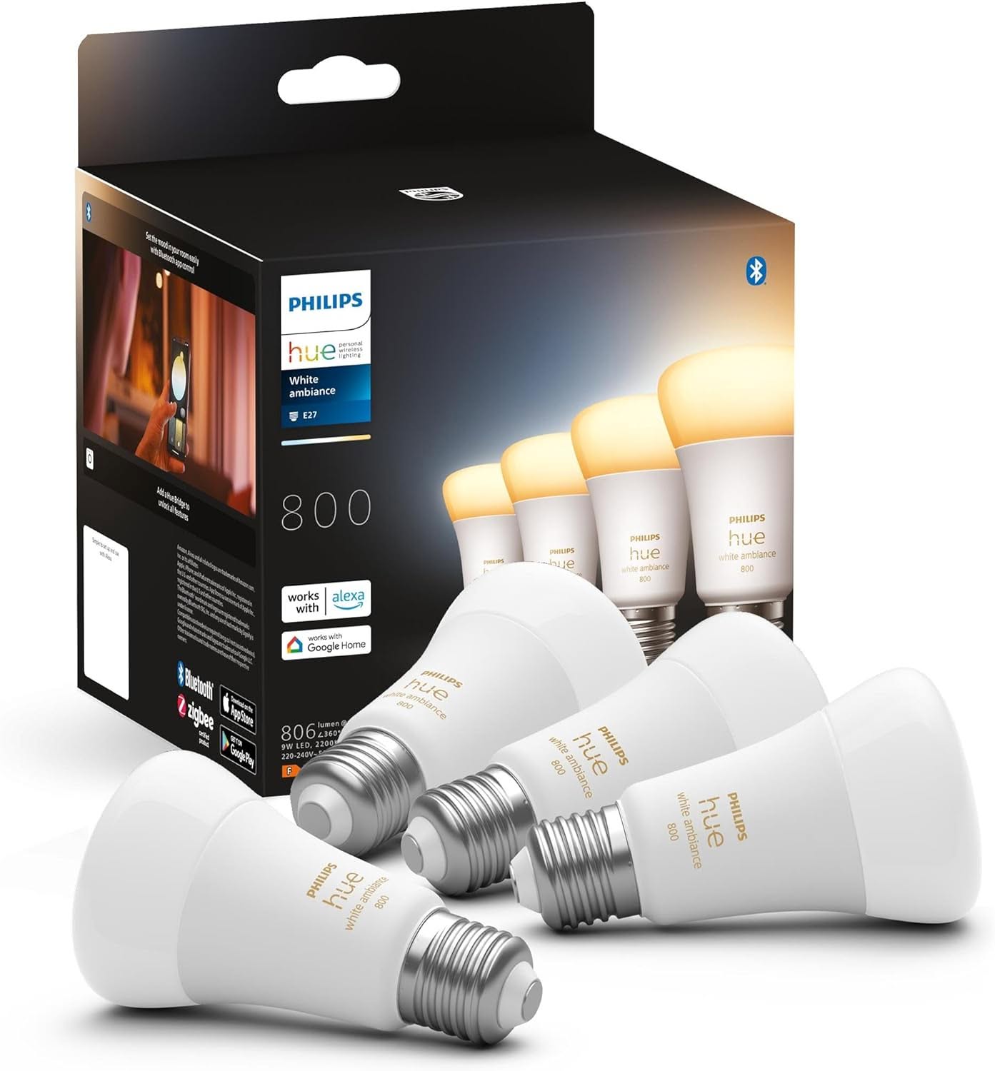 Philips Hue White Ambiance E27|A60 Smart Bulb, Lumens, Bluetooth & Zigbee Compatible (Hue Hub Optional), Works with Alexa & Google Assistant